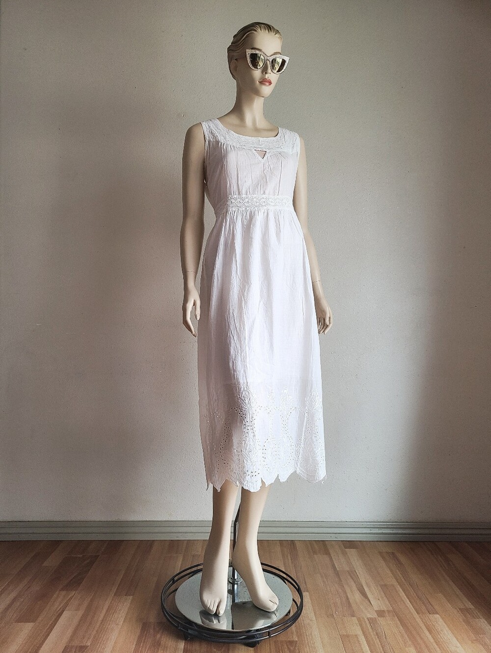 White Eyelet Midi Dress with Scalloped Hem